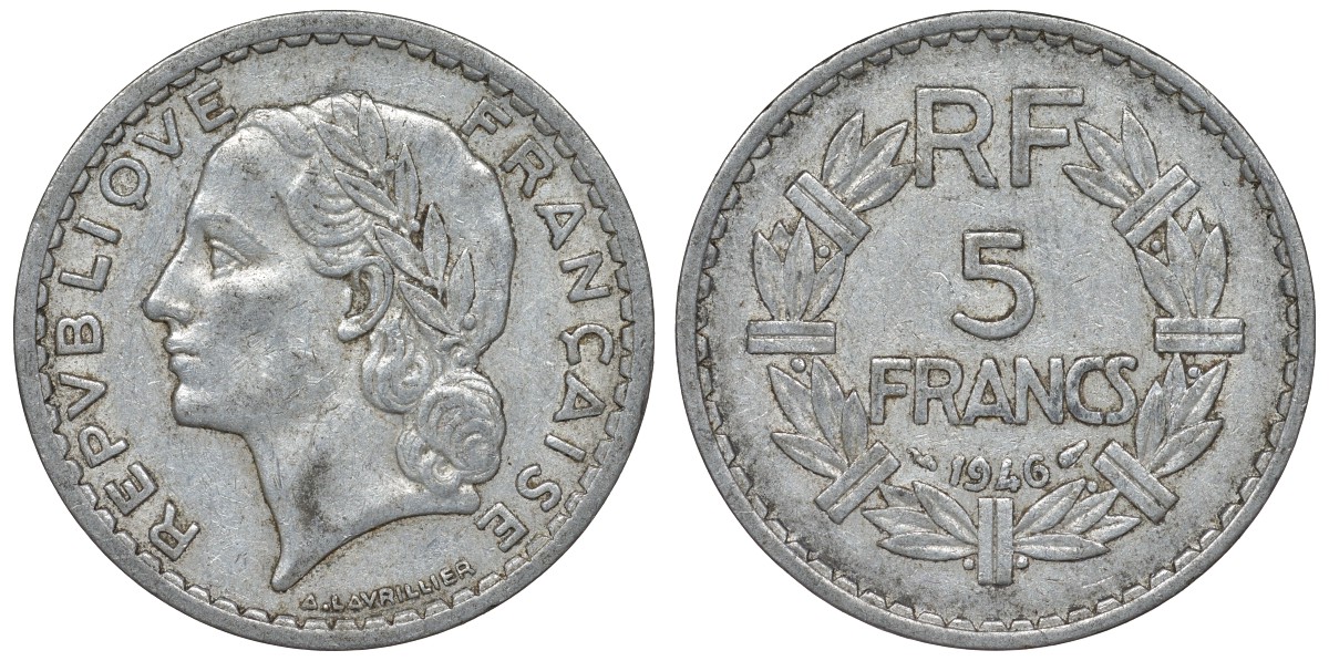 Франция 5 франков 1946 open 9 KM 888b.1, Le Franc 339.6 алюминий 4123-526