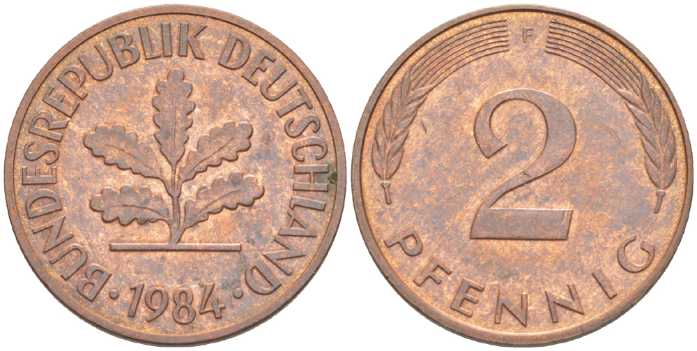 ФРГ 2 ПФЕННИГА 1984 F KM 106а, J. 381а сталь плакированная сталь плакированная медьюю 4181-847