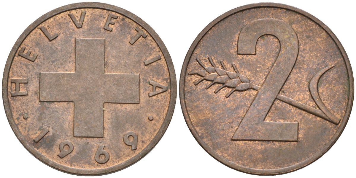 Швейцария 2 раппена 1969 KM 47 бронза 4592-625