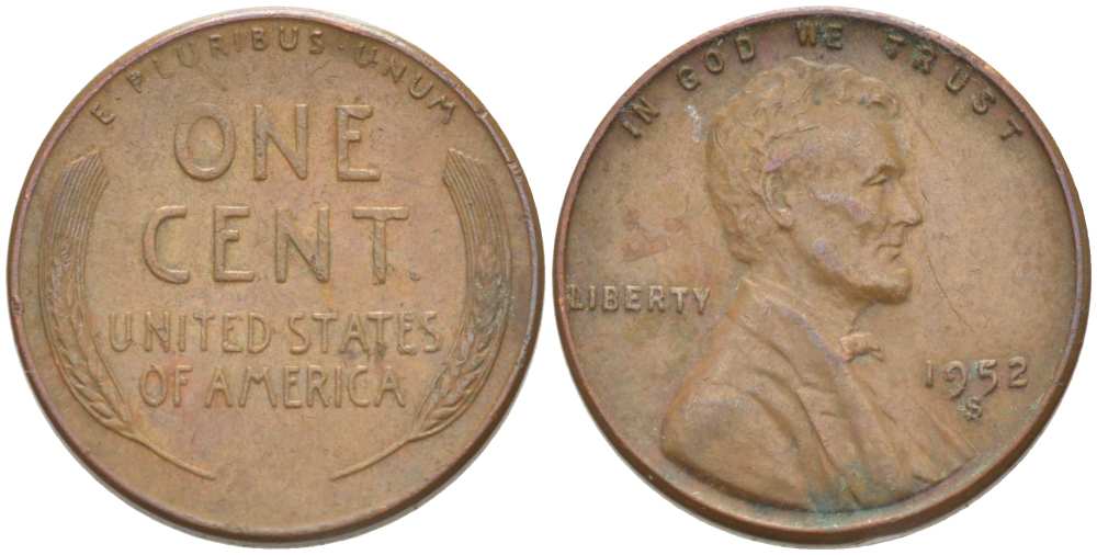 США 1 ЦЕНТ 1952 S, ЛИНКОЛЬН KM А132 медь цинк 218-961