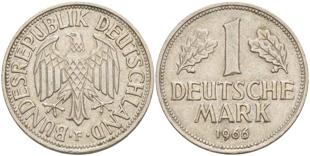 ФРГ 1 МАРКА 1966 F KM 110, J. 385 медно-никель 4551-1247