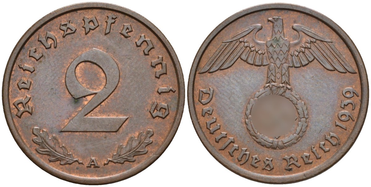 Германия 2 рейхспфеннига 1939 A KM 90, J. 362 бронза 4151-122