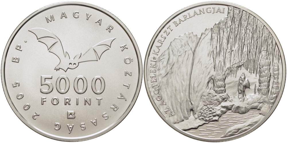Венгрия 5000 форинтов 2005 карстовые пещеры, тираж 5000 экземпляров KM 782 серебро UNC 1077-7-23