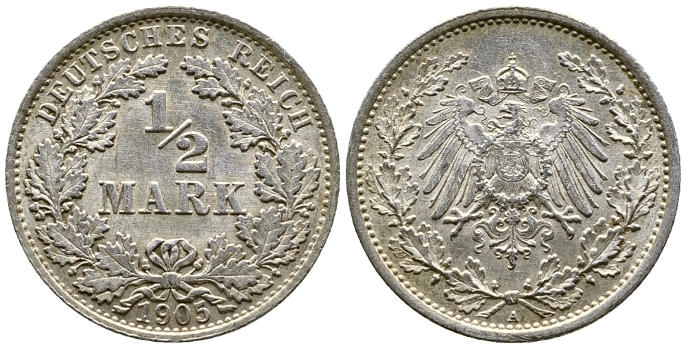 ГЕРМАНИЯ 1/2 МАРКИ 1905 А KM серебро 46-636