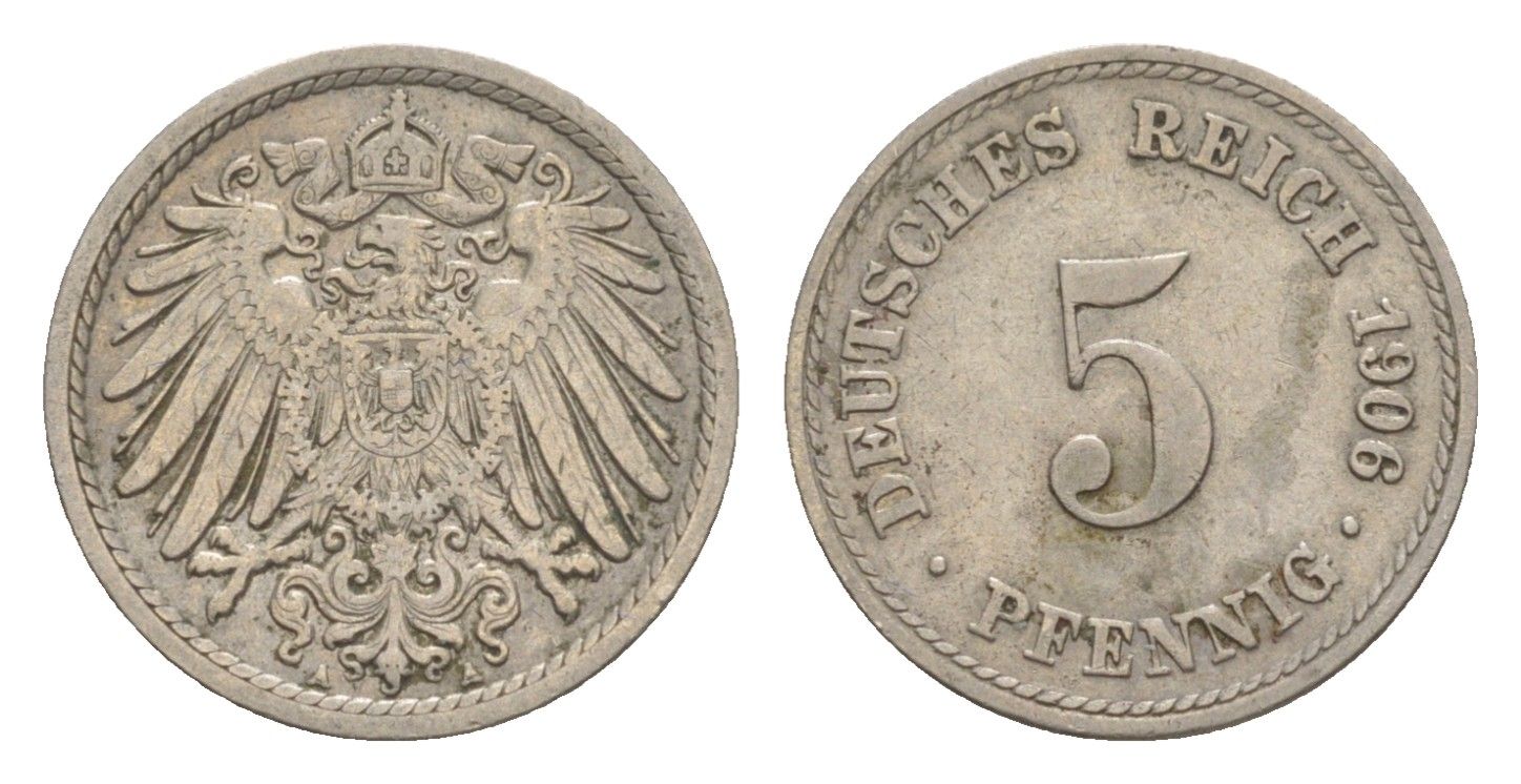 Германия 5 пфеннигов 1906 A, Вильгельм II (1888-1918) KM 11, J. 12 медно-никель 4640-118