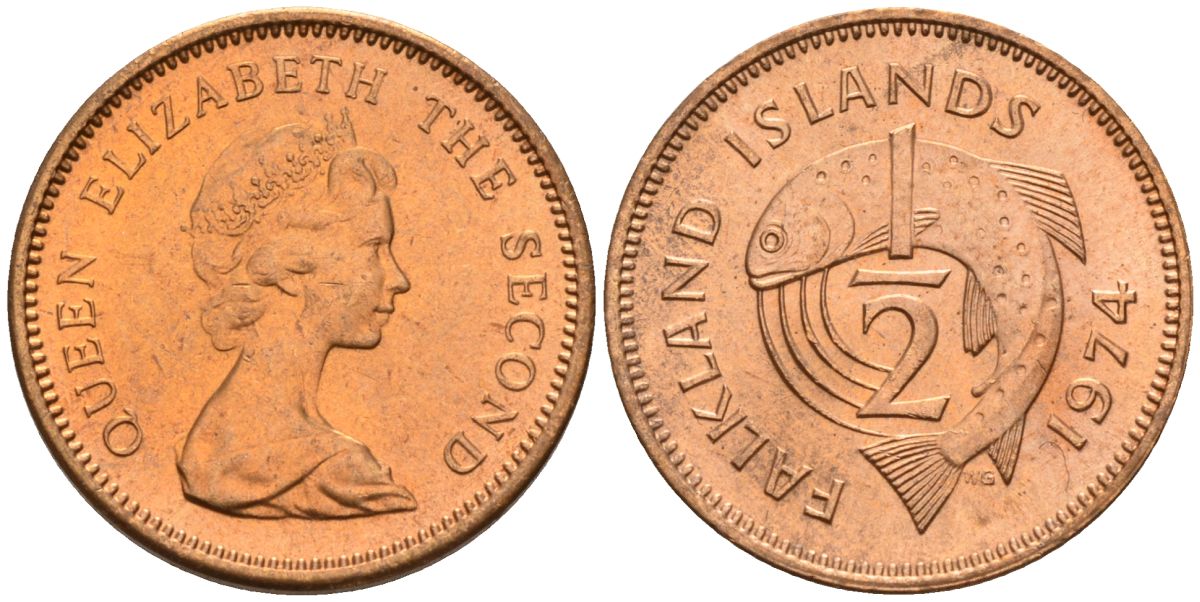 Фолклендские острова 1/2 пенни 1974 Елизавета II (1952-2022), лосось KM 1 бронза 4154-125