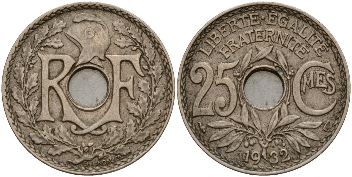 Франция 25 сантимов 1932 KM 867a медно-никель 4187-954