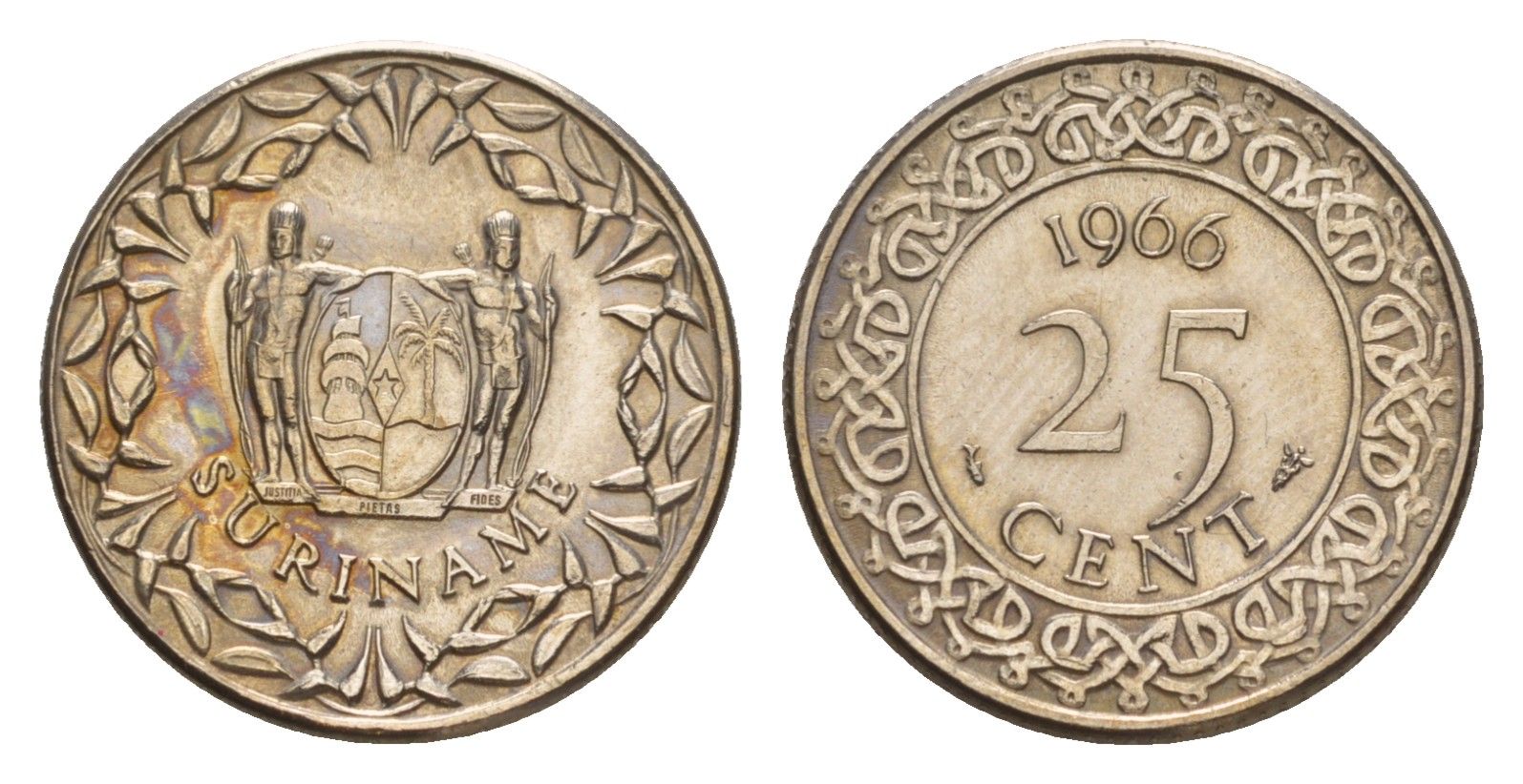 Суринам 25 центов 1966 KM 14 медно-никель 4649-1025