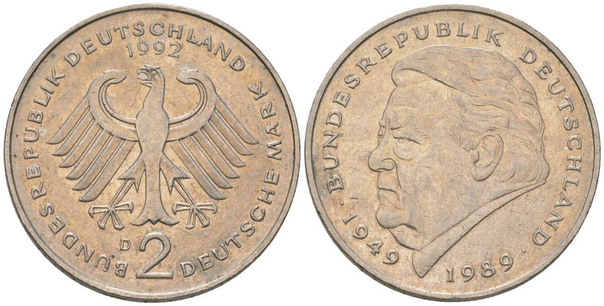 ФРГ 2 марки 1992 D, Франц Йозеф Штраус, 40 лет Федеративной Республике KM 175 медно-никель 4572-942