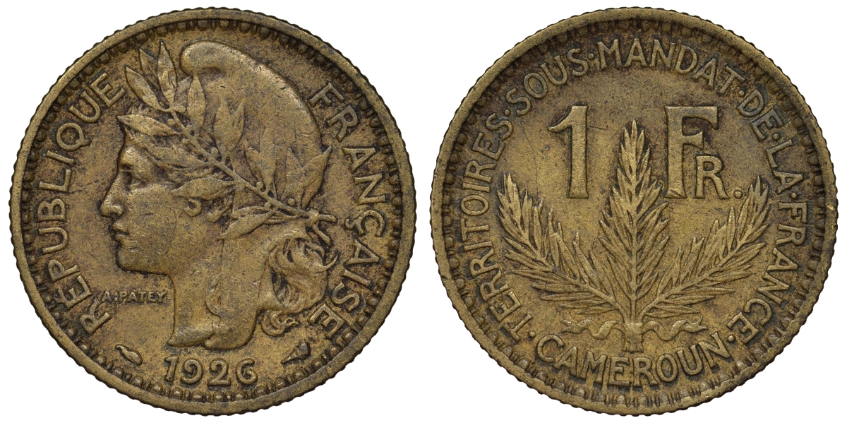 Французский Камерун 1 франк 1926 (а), монетный двор Париж KM 2 алюминиевая бронза 4681-114