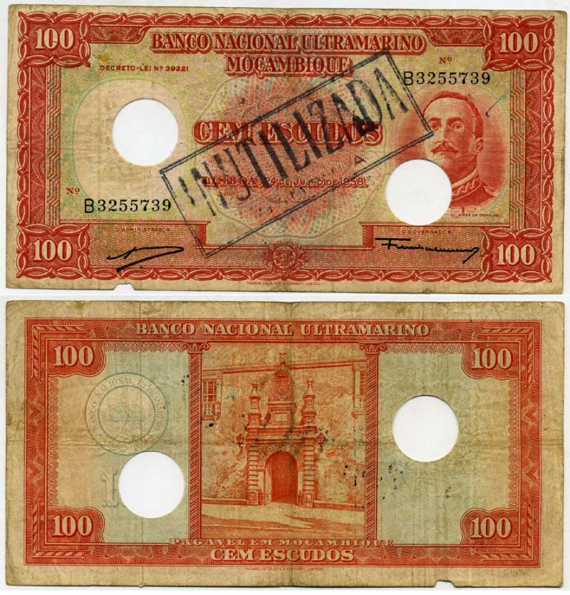 Мозамбик, Португальский 100 эскудо 1958 погашена Pick 107 бумага 8588-47-2-1