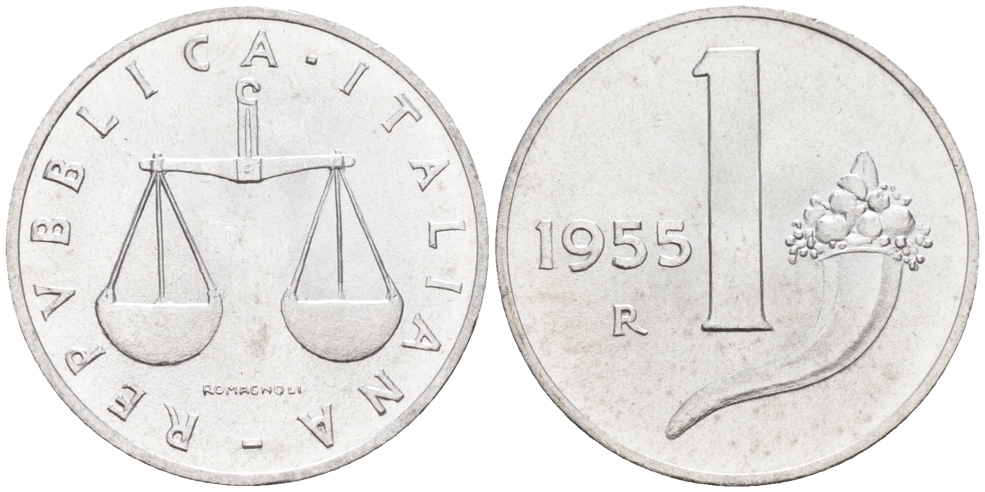 Италия 1 лира 1955 R, весы KM 91 алюминий  UNC  4594-626