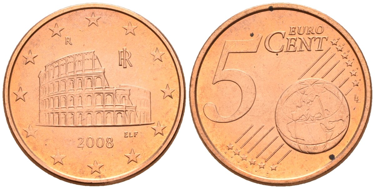 Италия 5 евроцентов 2008 KM 212 сталь плакированная медью UNC 4147-745