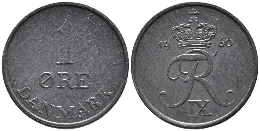 Дания 1 эре 1960 С; S, Фредерик IX (1947-1972) KM 839.2 цинк UNC 100-648
