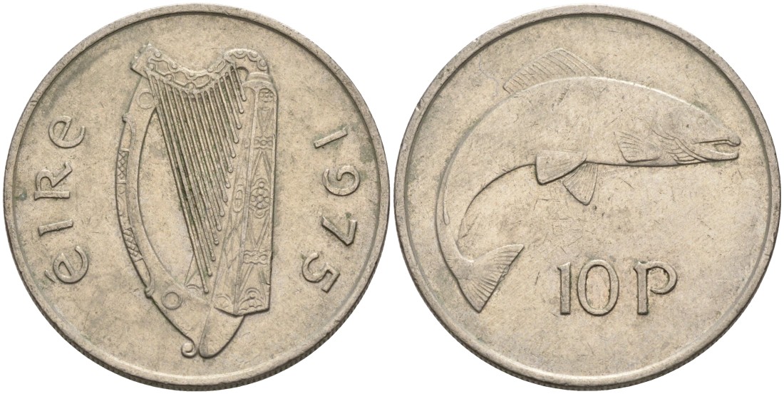Ирландия 10 пенсов 1975 лосось KM 23 медно-никель 88-734