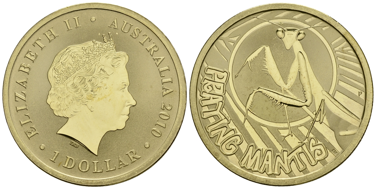 Австралия 1 доллар 2010 серия насекомые, богомол KM 1447 алюминиевая бронза UNC M42-12