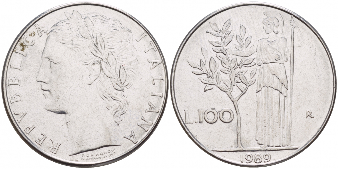 ИТАЛИЯ 100 ЛИР 1989 R, АФИНА У ОЛИВКОВОГО ДЕРЕВА KM 96.1 нержавеющая сталь 4545-734