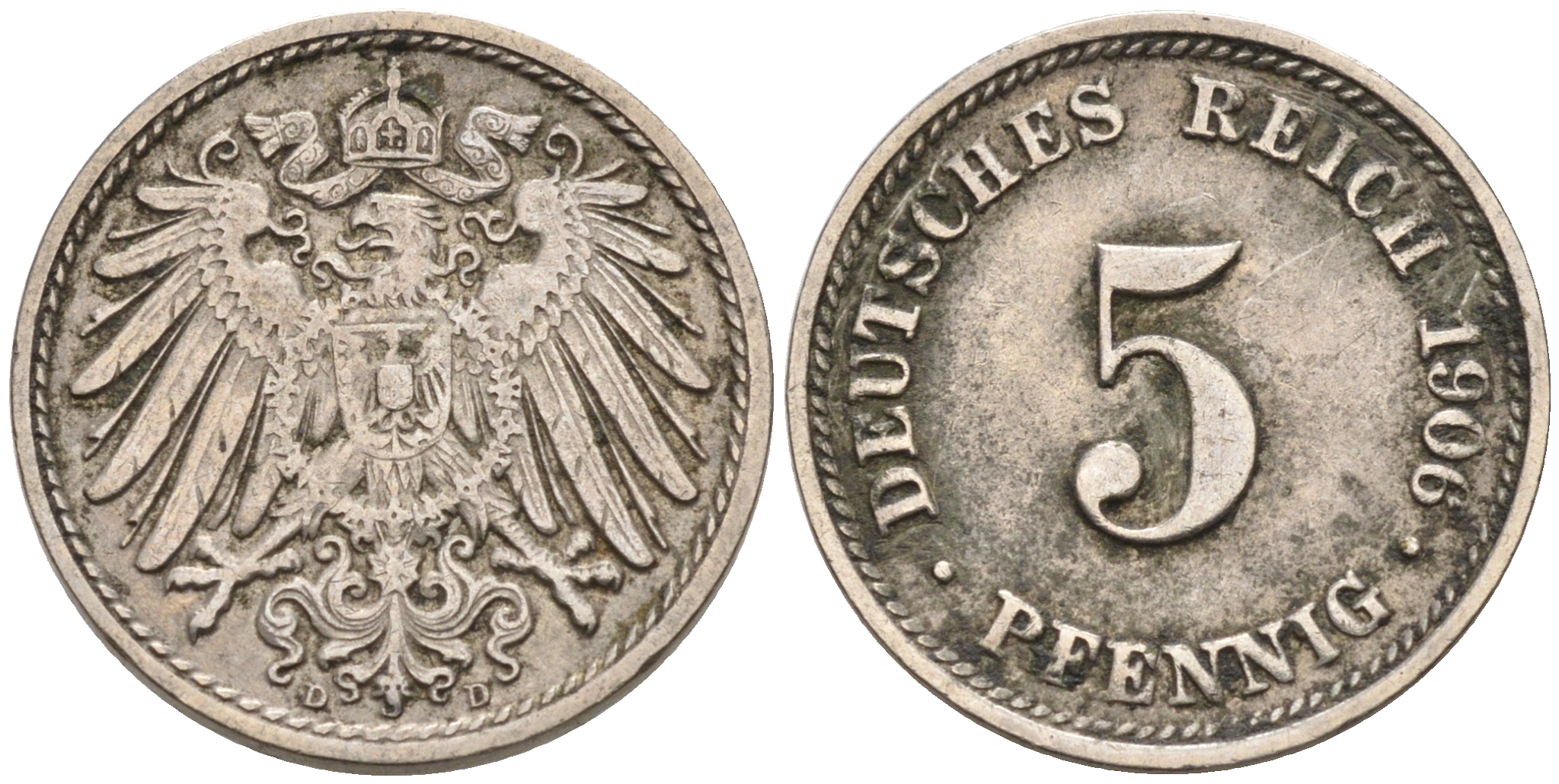 ГЕРМАНИЯ 5 ПФЕННИГОВ 1906 D, KM 11, J. 12 медно-никель 75-152