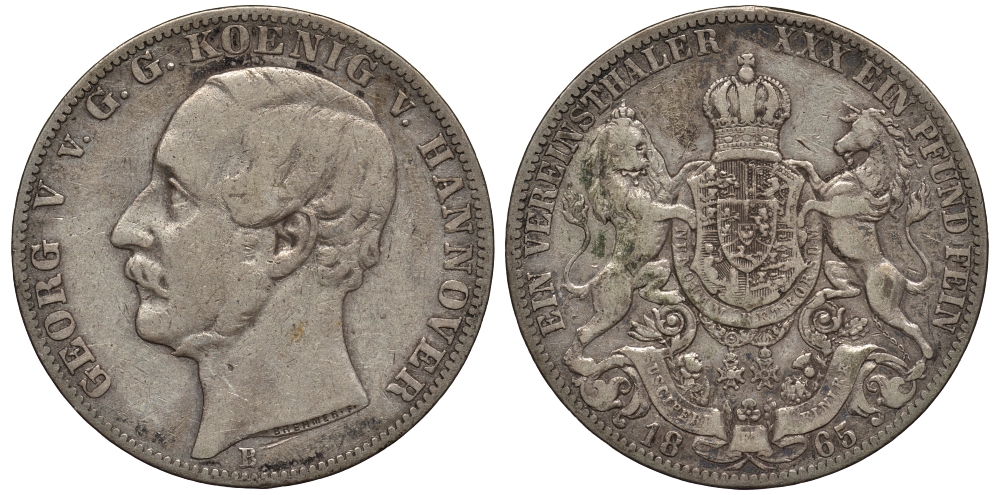 Брауншвейг-Каленберг-Ганновер 1 талер 1865 B, Георг V (1851-1866) KM 230, AKS 144, Dav. 682, Kahnt 239, Thun 174 серебро 1520-944
