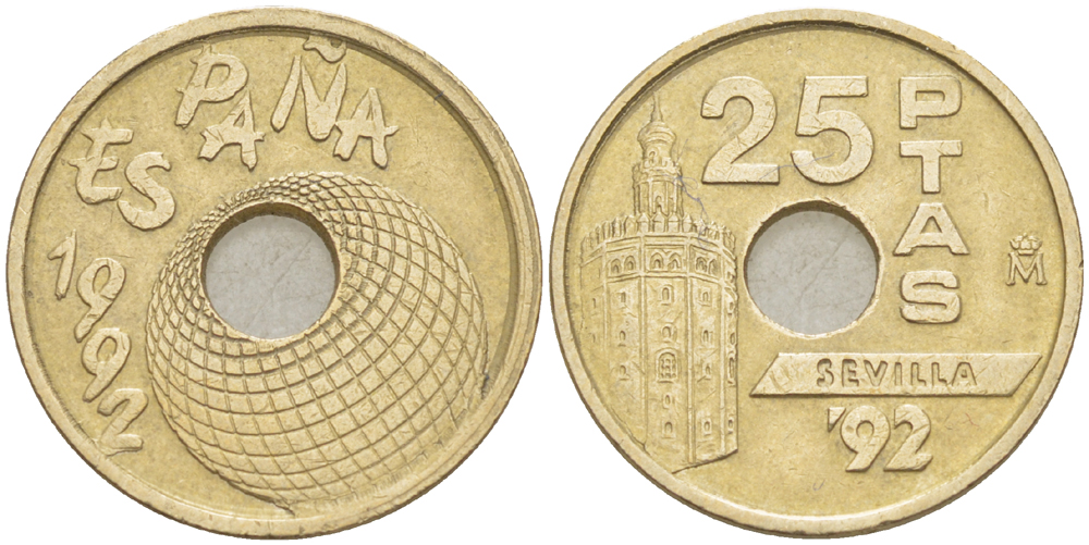 Испания 25 песет 1992 золотая башня в Севилье, EXPO 1992, Хуан Карлос I (1975-2014) KM 905 никель-бронза 216-731