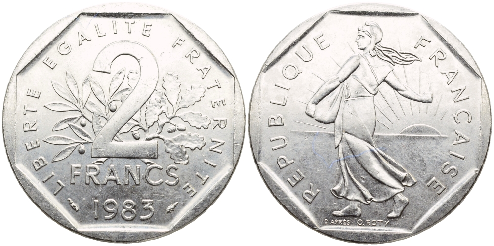 ФРАНЦИЯ 2 ФРАНКА 1983 СЕЯТЕЛЬ KM 942.1, LE FRANC 272.7 никель UNC 1526-1335
