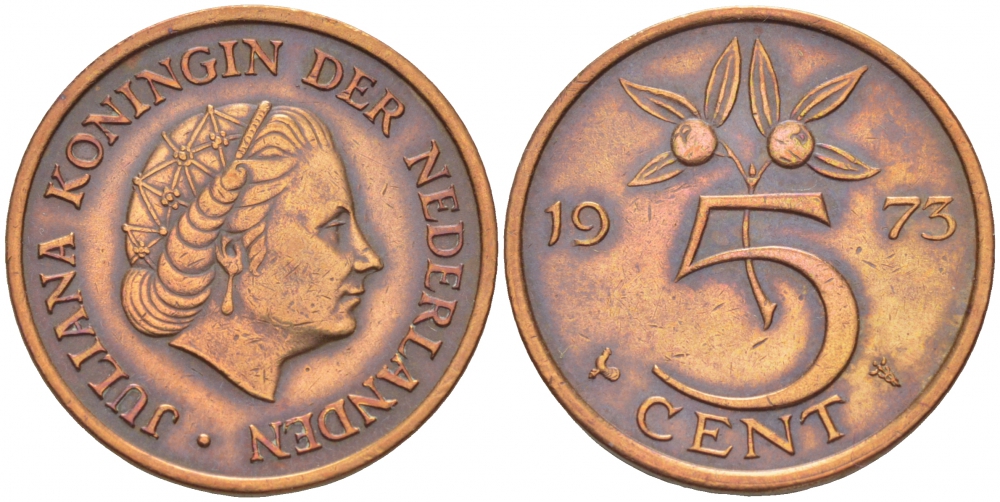 НИДЕРЛАНДЫ 5 ЦЕНТОВ 1973 ЮЛИАНА KM 181 бронза 3856-1041