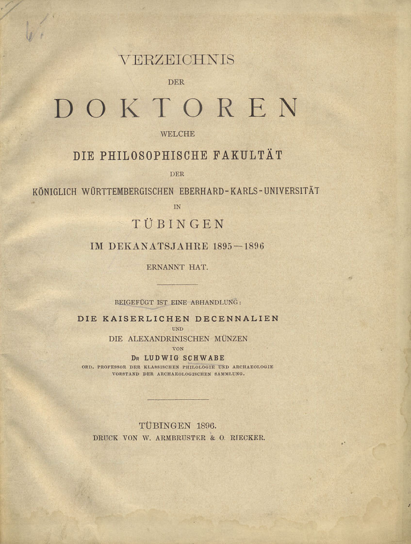 ЛЮДВИГ ШВАБЕ ИМПЕРАТОРСКИЕ ДЕЦЕННАЛИИ И МОНЕТЫ АЛЕКСАНДРИИ (ЯЗЫК: НЕМ.) 1896 LUDWIG SCHWABE, DIE KAISERLICHEN DECENNALIEN UND DIE ALEXANDRINISCHEN MUNZEN 00-01-05-03