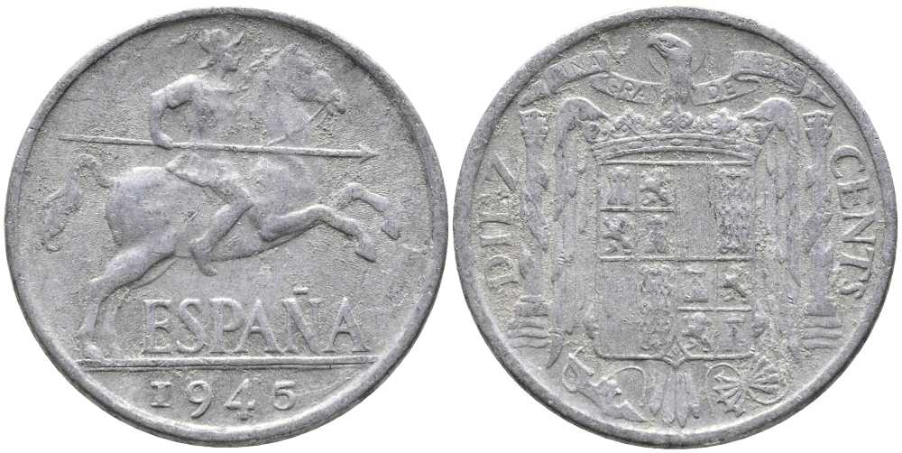 ИСПАНИЯ 10 СЕНТИМО 1945 РЫЦАРЬ НА КОНЕ KM 766 алюминий 110-925