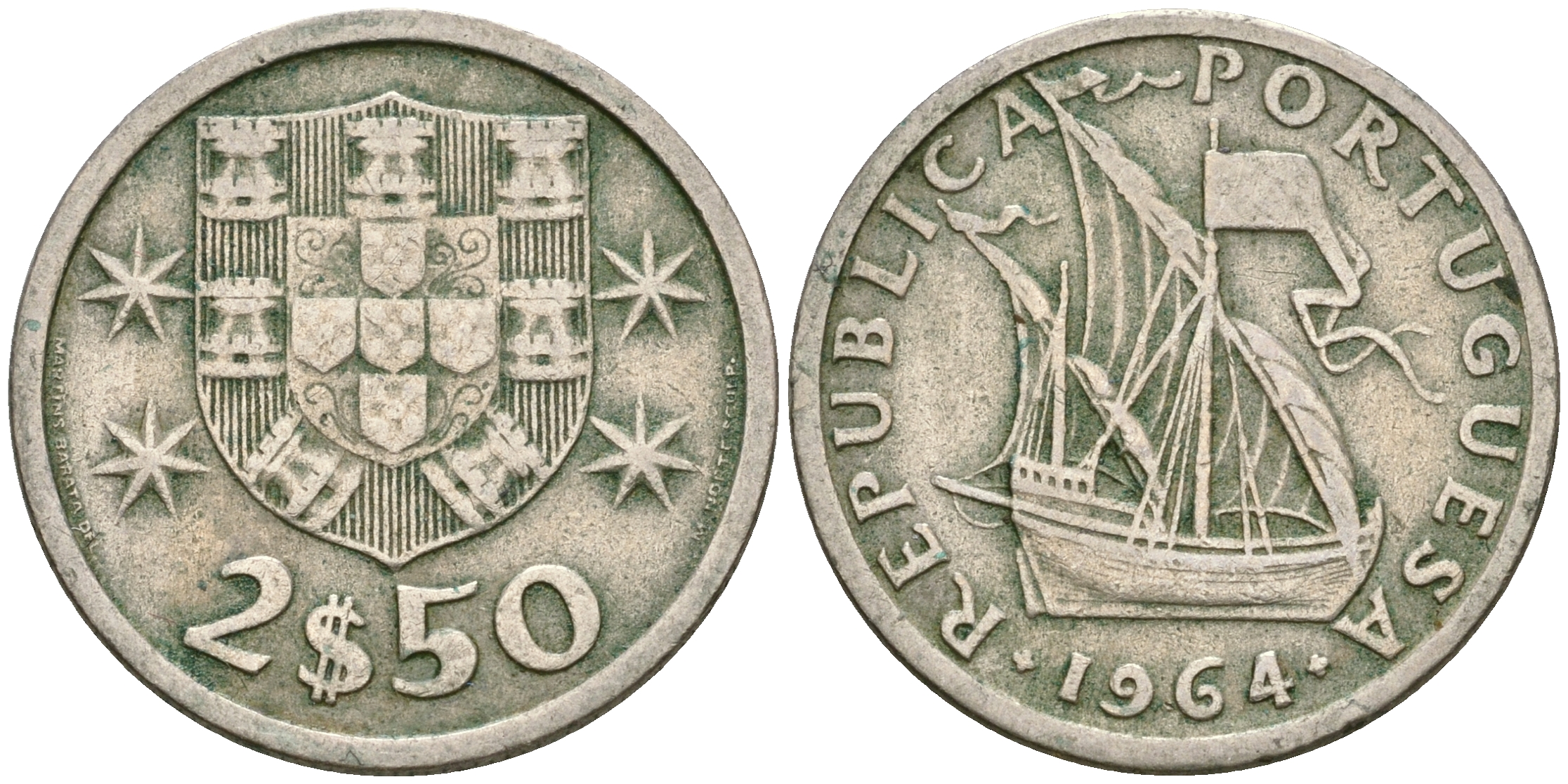 Португалия 2,5 эскудо 1964 парусник KM 590 медно-никель 4364-1345