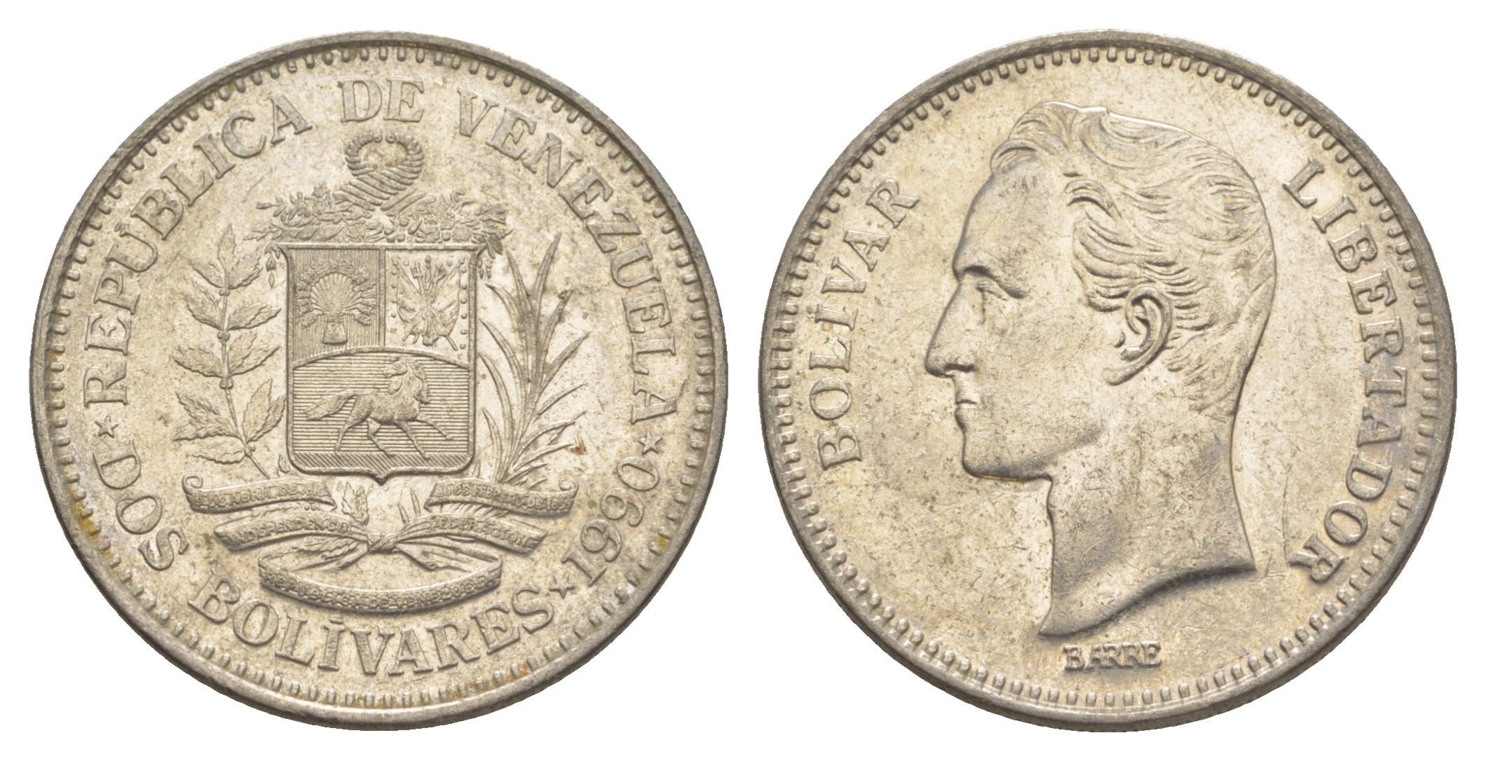 Венесуэла 2 боливара 1990 Симон Боливар Y 43a сталь плакированная никелем 4583-543