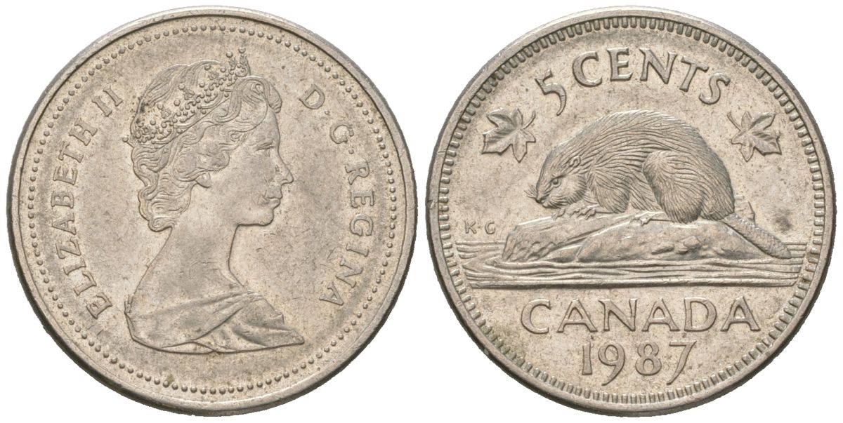 Канада 5 центов 1987 Елизавета II (1952-2022), бобер KM 60.2a медно-никель aUNC 4385-552