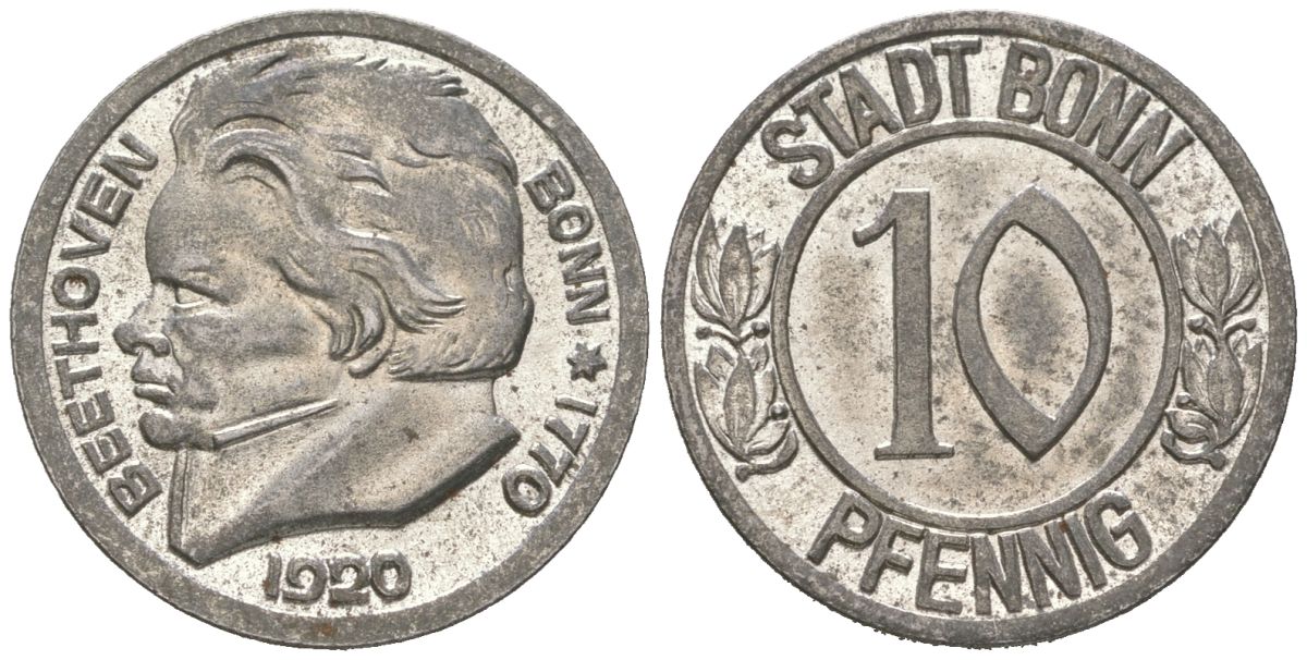 Бонн 10 пфеннигов 1920 Бетховен, Северный Рейн-Вестфалия Funck 51.1A, Men05 3220.1, Men18 4134.1 железо 4617-264