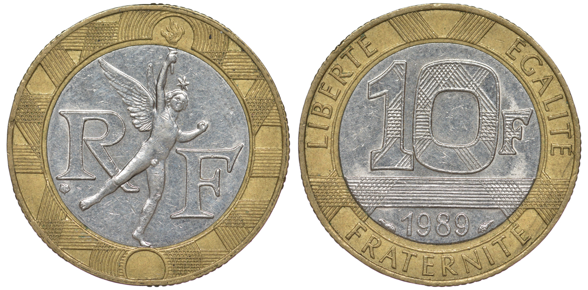 Франция 10 франков 1989 тип гений Бастилии KM 964.1, Le Franc 375.3 биметалл 45-624
