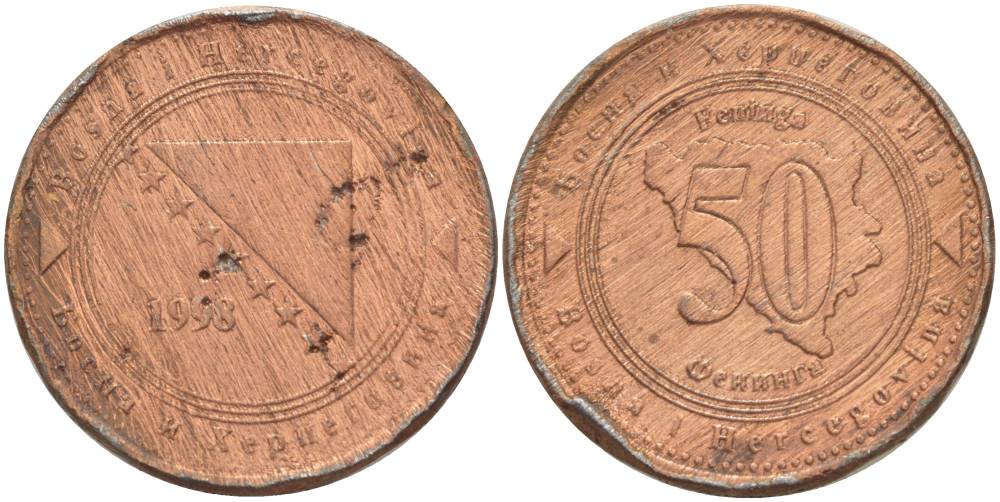 Босния и Герцеговина 50 фенигов 1998 KM 117 сталь плакированная медью 4551-831
