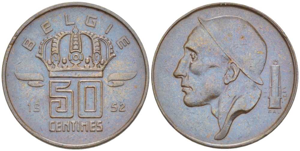 БЕЛЬГИЯ 50 САНТИМОВ 1952 BELGIE, БОДУЭН I (1951-1993) KM 145 бронза 214-158