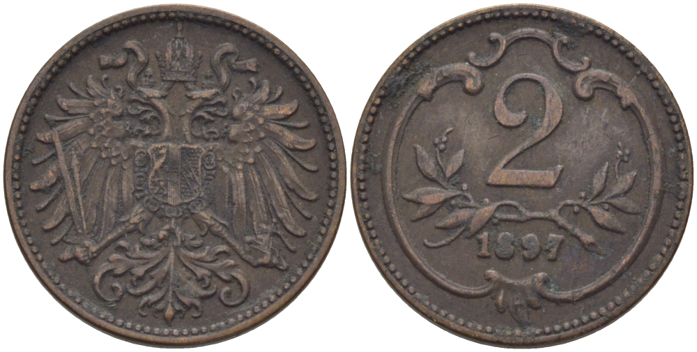 АВСТРИЯ 2 ГЕЛЛЕРА 1897 ФРАНЦ ИОСИФ (1846-1918) KM 2801 бронза 100-137