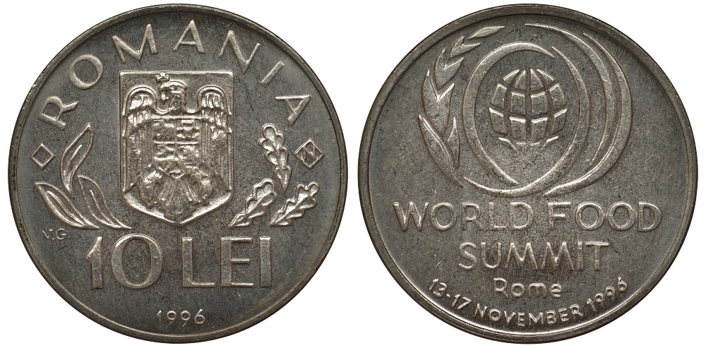 Румыния 10 леев 1996 FAO, мировой саммит продовольствия в Риме KM 126 сталь плакированная никелем UNC M24-04