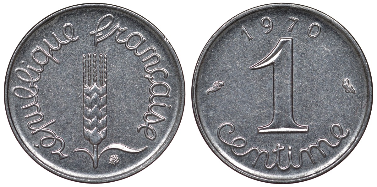 Франция 1 сантим 1970 пятая республика KM 928, Le Franc 106.19 нержавеющая сталь 4124-428