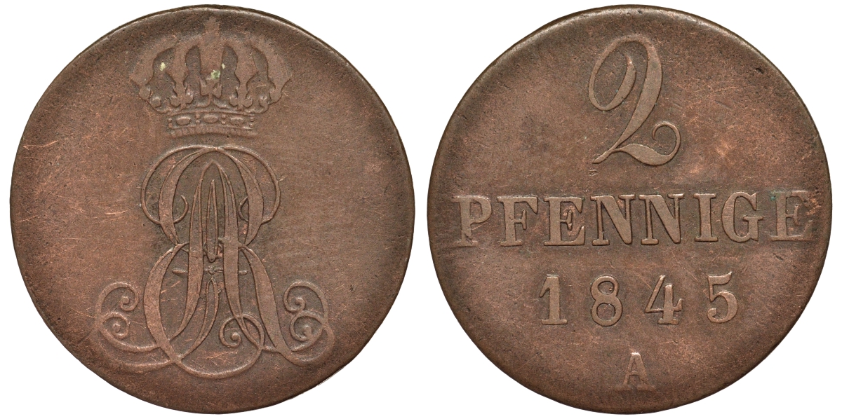 Ганновер 2 пфеннига 1845 A, Эрнст Август (1837-1851) KM 174.1, AKS 122, J. 55 медь 75-1821