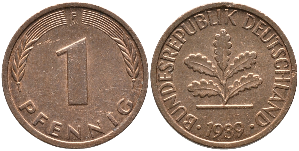 ФРГ 1 пфеннига 1989 F KM 105, J. 380 сталь плакированная медью 99-1264