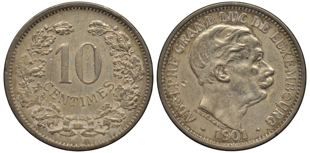 ЛЮКСЕМБУРГ 10 САНТИМОВ 1901 ВЕЛИКИЙ ГЕРЦОГ АДОЛЬФ (1890-1905) КМ 25 медно-никель 4538-726