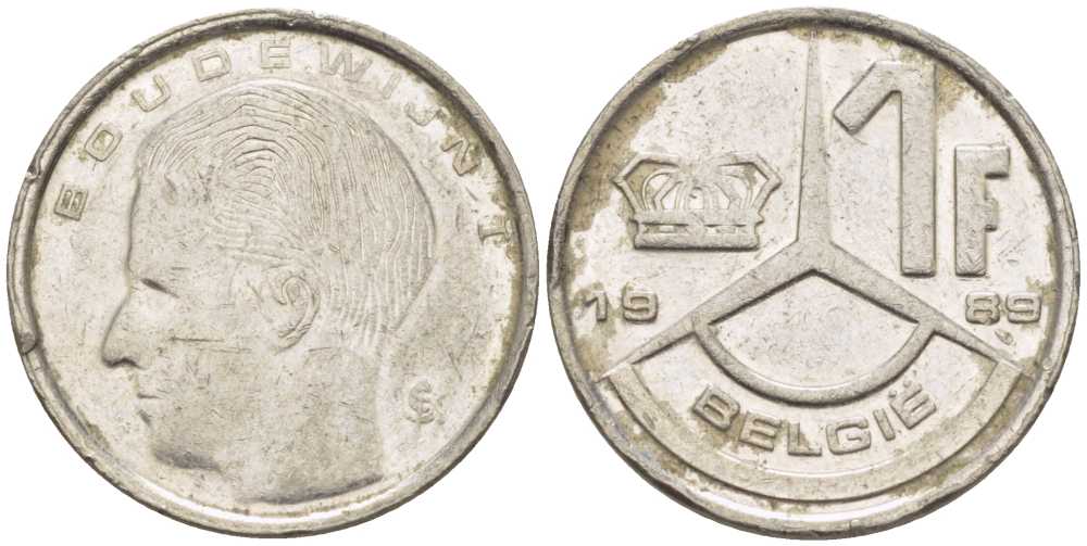 БЕЛЬГИЯ 1 ФРАНК 1989 BELGIE, БОДУЭН I (1951-1993) KM 171 железо плакированное никелем 3851-1019