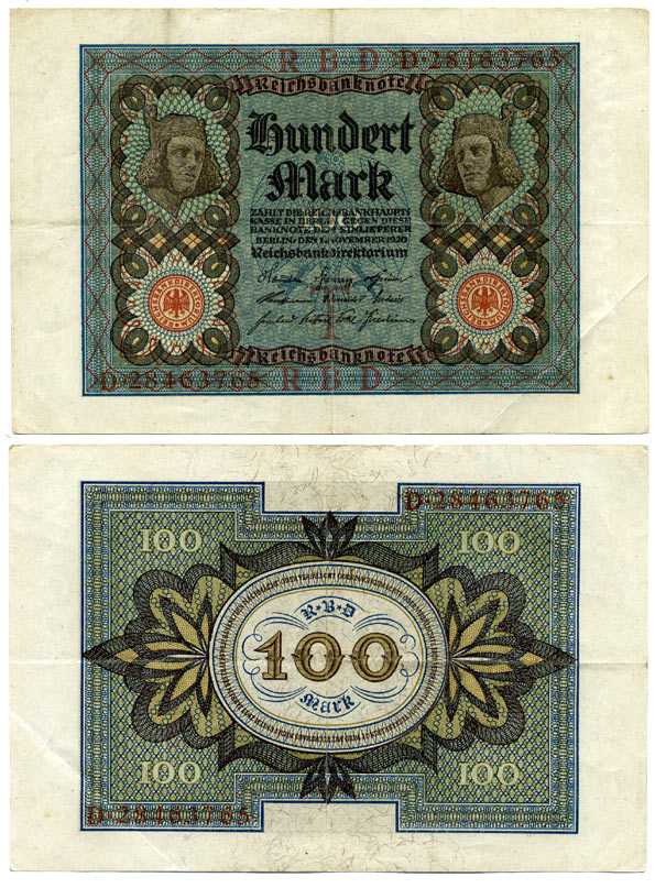 Германия 100 марок 1920 Бамбергский всадник, 8 цифр в номере, серия D, буква I Pick 69 b, Розенберг 67b бумага 7198-28-2-2