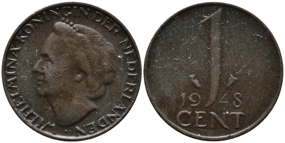 Нидерланды 1 цент 1948 Вильгельмина (1890-1948), год тип KM 175 бронза 3458-248
