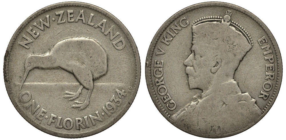 Новая Зеландия 1 флорин 1934 Георг V (1910-1936), птичка киви KM 4 серебро 272-1313