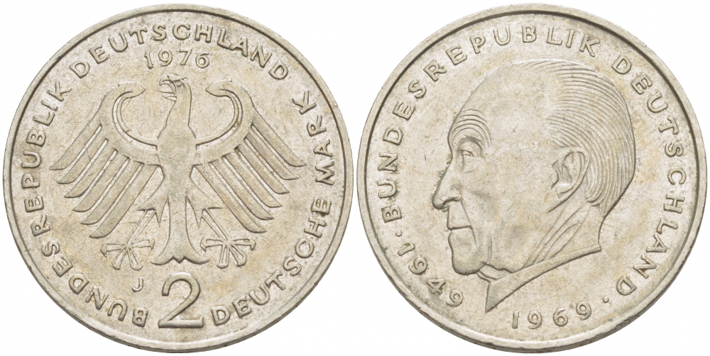 ФРГ 2 МАРКИ 1976 J, КОНРАД АДЕНАУЭР KM 124, J. 406 медно-никель плакированный никелем 3718-1011