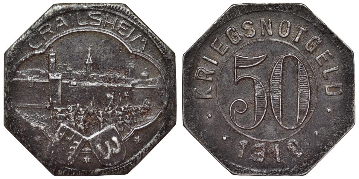 Германия, Крайльсхайм 50 пфеннигов 1918 Баден-Вюртемберг, нотгельд Funck 83.8 железо 4121-521