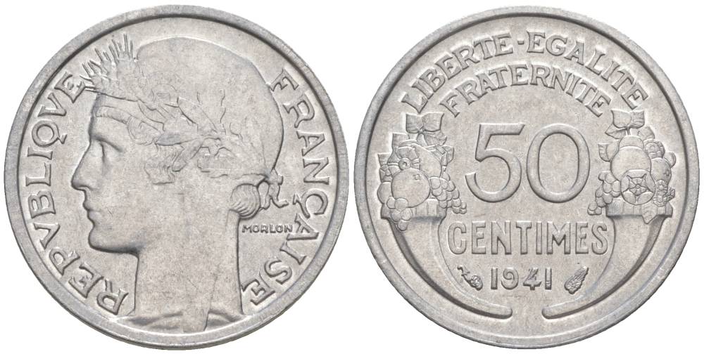 ФРАНЦИЯ 50 САНТИМОВ 1941 ТИП MORLON LOURDE KM 894.1a, LE FRANC 193.2 алюминий 44-247
