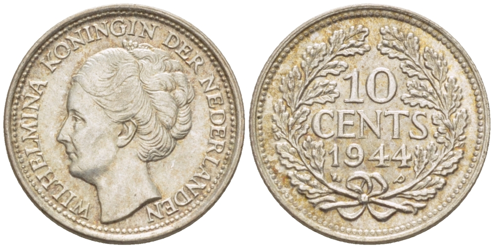 Нидерланды 10 центов 1944 Вильгельмина (1890-1948) KM 163 серебро aUNC 66-1256