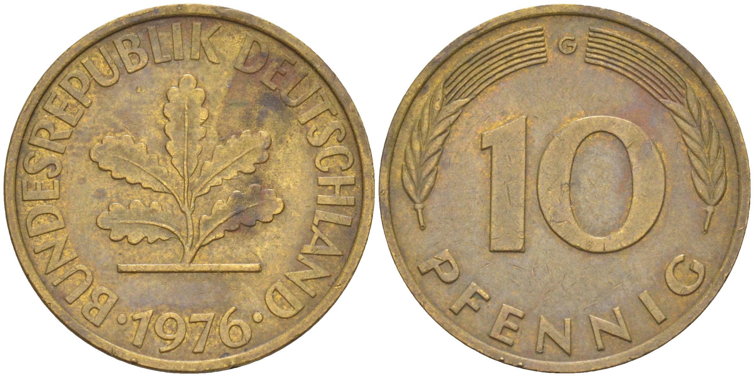 ФРГ 10 пфеннигов 1976 G KM 108, J. 383 сталь плакированная латунью 58-327